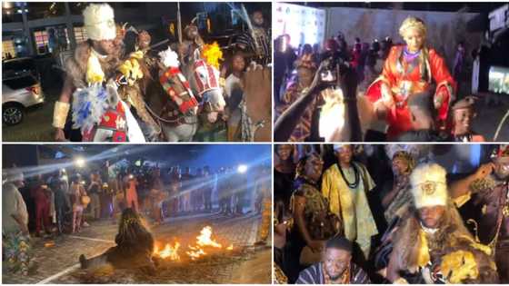 Celebs arrive on horses, masquerade dances, fire burns at Femi Adebayo’s epic carnival-like film premiere