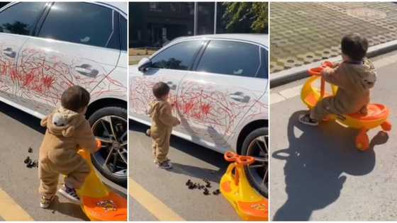 Small criminal: Little kid messes up dad's car by drawing on it in video then 'disappears' from scene in style