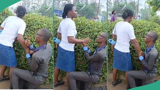 Drama as man ignores lady's rejection during public proposal, forces ring into her hand
