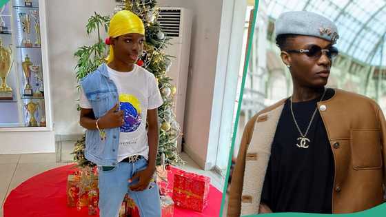 Wizkid's son Bolu's reaction trends after being recorded sagging like singer: "Lion no born goat"