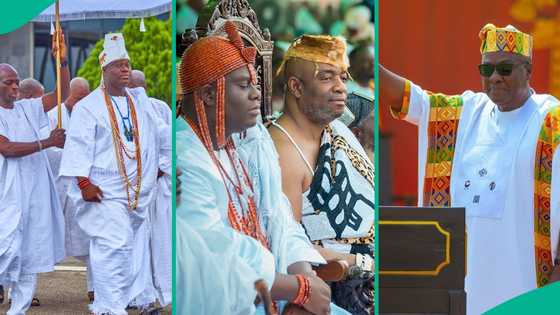 Video as Ooni of Ife lands in Ghana via jet, spotted with King of Ga at Mahama's inauguration