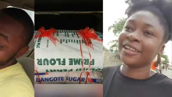 Man who sells snacks cries in video after wife supports him with one bag of flour and sugar as Valentine's gift