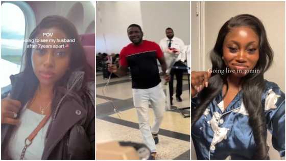 "Both of you are not serious": Lady rejoices as she flies to join husband in US after 7 years apart