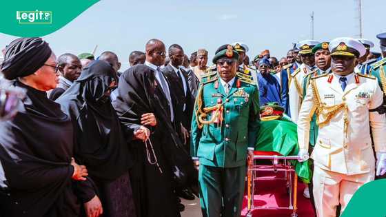 Buhari's burial: Moment Aisha Buhari flanked by Remi Tinubu touches heart
