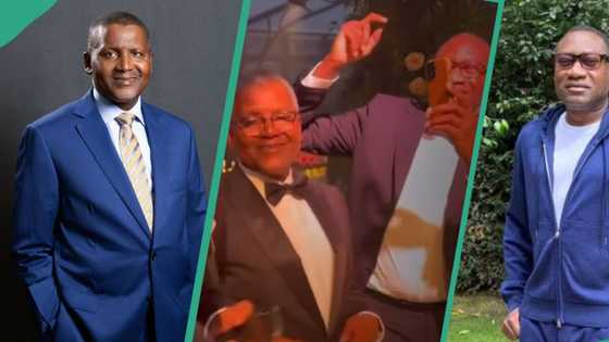 Dangote and Otedola display “big man dance” at a lush event, video leaves many gushing