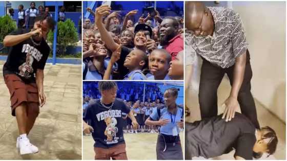 Students happily welcome Mavin's Crayon, performs during visit to his high school, prostrates for teachers
