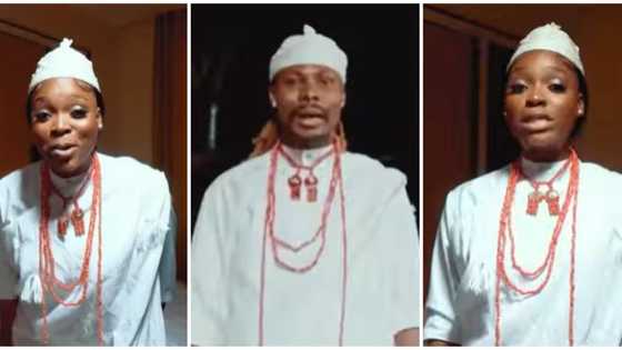 Fans amused as media personality Tomike replicates Asake's traditional look in new post