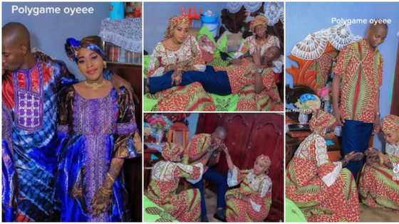"It can never be me": Proud man lies on the laps of his two pretty wives in viral polygamy shoot, ladies react