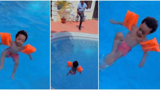 Fans gush over Regina Daniels’ 1-year-old son as he swims impressively inside massive pool in viral video