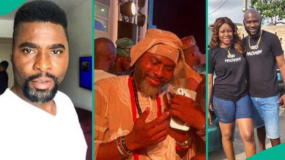 Ibrahim Chatta hugs ex Olayinka Solomon, her new husband at Iyalode premiere, video triggers many
