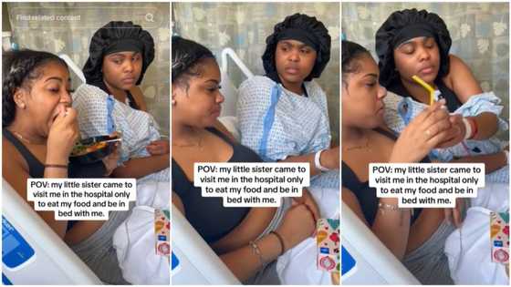 "I am that sibling": Young lady surprises sick sister, eats her food, sips drink in viral video