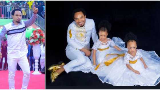 Indabosky preacher Odumeje shows soft side, sits like a princess as he poses with daughters in cute photo