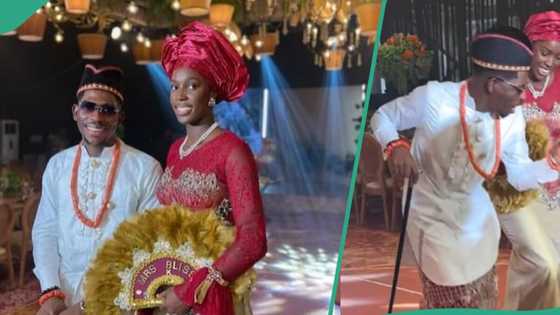 “God-fearing gele”: Netizens react to Moses Bliss’ wife’s headgear at trad wedding, videos trend