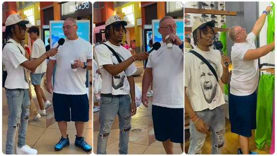 Man with mic walks to stranger drinking from cup, tells him if does not speak he can get anything