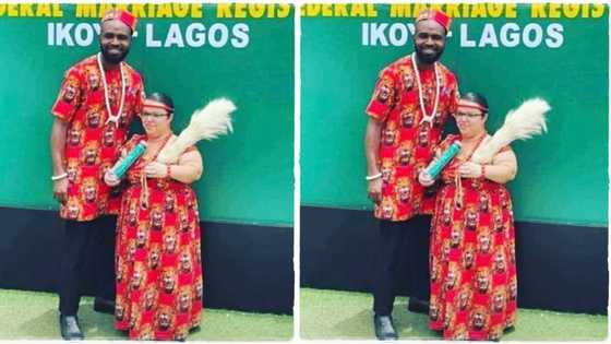 "David and Goliath": Man marries short-looking white lady at Ikoyi Marriage Registry, photo goes viral