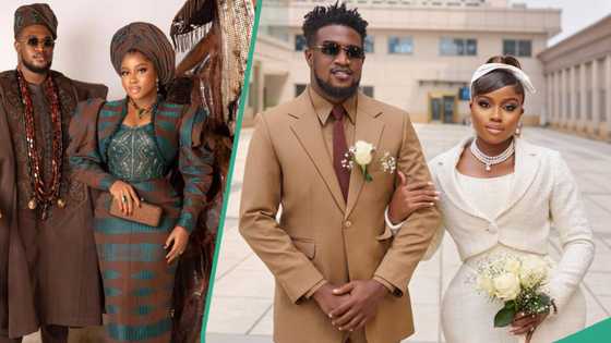 "Stunning baby": Veekee James, husband glow in cute blue Yoruba outfits for wedding, mesmerises fans