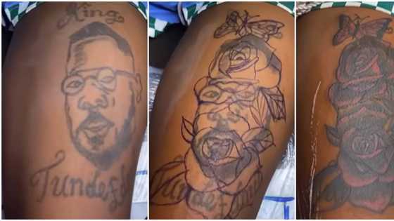 "Wetin I do?" Tunde Ednut asks as fan who tattooed his face on lap wipes it off, draws big flower in clip