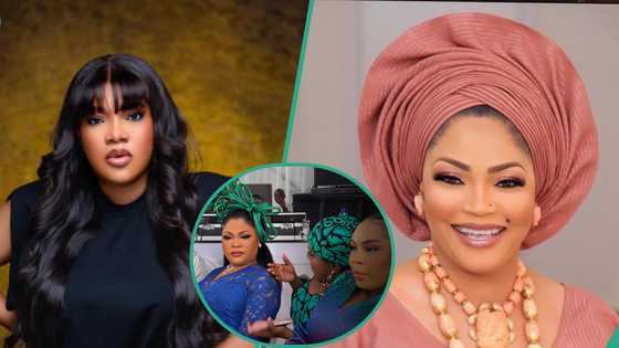 “She dey overdo”: Toyin Abraham roasted for kneeling to talk to Olori Sekinat Elegushi, video trends