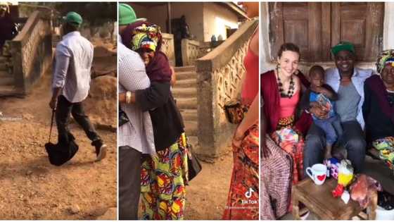 Mum sheds tears as son returns home after 13 years in Canada with a beautiful Oyinbo lady, video causes stir