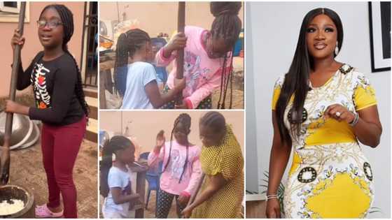 Mercy Johnson sparks heartwarming reactions as she teaches her daughters how to pound yam: "Pure African mum"