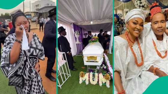 Emotional farewell: Mercy Aigbe bids final goodbye to her late mother, weeps in video at funeral