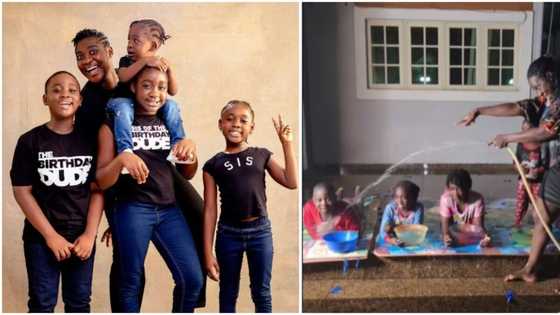 Mercy Johnson's water game with her kids stirs reactions, they reveal interesting details in funny video