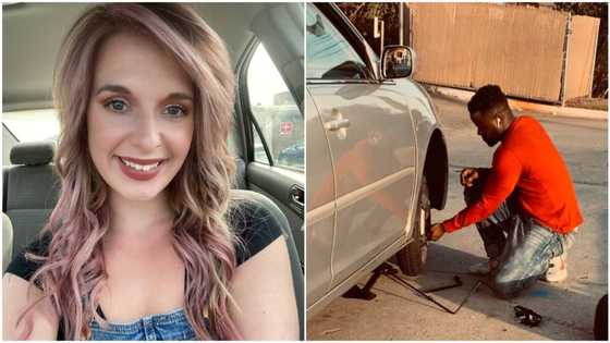 Man helps oyinbo lady whose car broke down on the road, uses his tyre for her, rejects reward