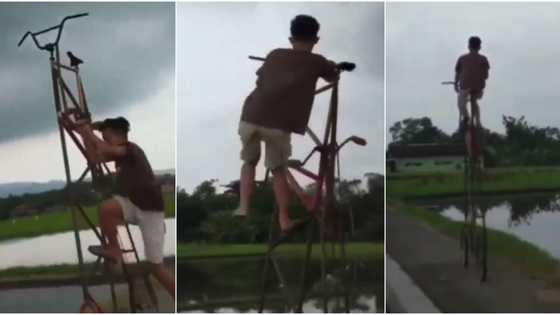 Young boy causes massive stir online with his tall bicycle as he displays skills while maintaining balance
