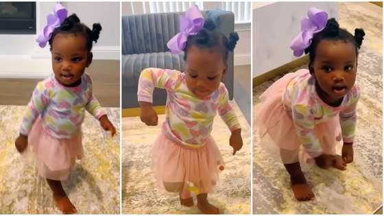 How did she learn it? Cute baby in pink skirt dances with cool swag, stamps feet on ground in funny video