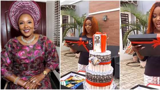 "Made me shed tears of joy": Colleagues storm actress Biola Bayo's house with money cake, other gifts