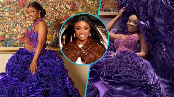 Diana Asamoah struggles to walk as she slays in heavy ruffled ball gown at concert :" No go fall oo"