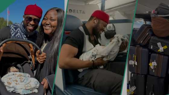 Stan Nze, wife finally return to Nigeria with newborn baby, he shares clip of them onboard a plane
