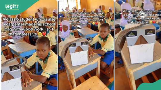 Primary 6 boy makes bag with wood, fills it with his books and brings it to school