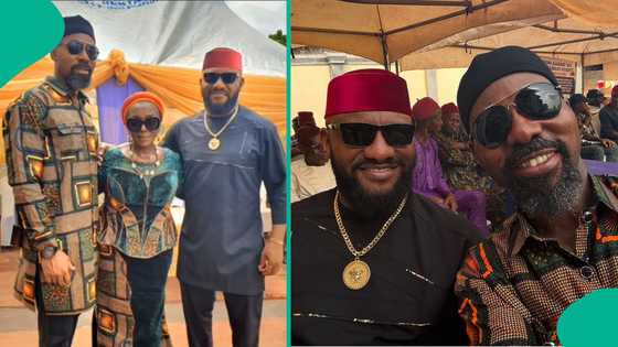 Rita Edochie reunites with Yul and Linc at family event, they exchange pleasantries in video