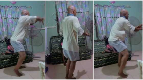 Girl runs away as dad in grey shorts scatters house with very nice acrobatic dance, stunning video goes viral