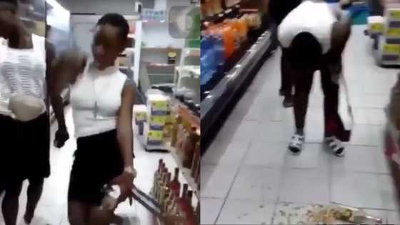 Lady dancing in supermarket accidentally breaks item on shelve