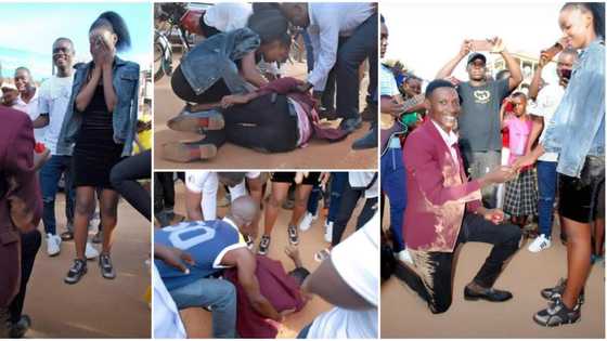 Man in suit rolls himself on the ground as he proposes to his girlfriend, photos spark reactions