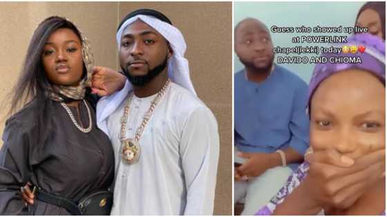 Lady removes scarf, adjusts hair as Davido shows up in Chioma's church for worship