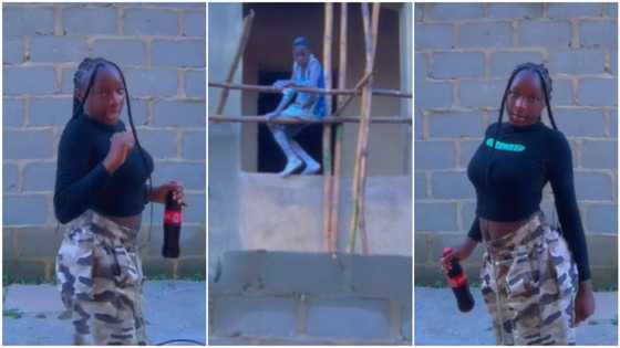 "He left home": Pretty lady dances & whines waist gently, boy watches from window, loses focus