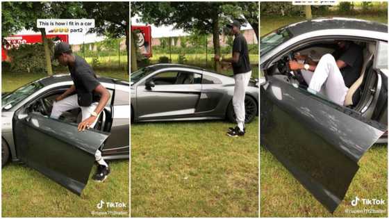 Tall man bends gently to fit himself into a sportscar in viral video, many people react