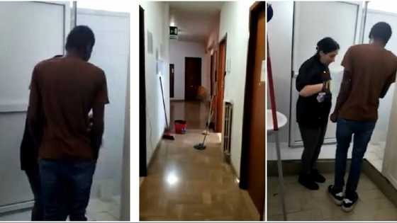 Video emerges as Nigerian man living abroad is told by Oyinbo lady to wash toilet, he says "I no do again"
