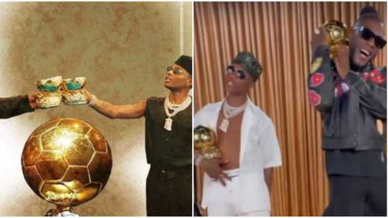 Burna Boy and Wizkid pose with Ballon d’Or trophy to announce their new single together, fans get excited
