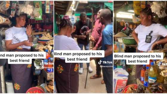 "Abeg, abeg": Nigerian lady expresses shock as her blind male bestie proposes to her in the market in video