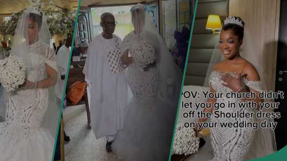 Bride adjusts dress at church wedding after off-shoulder design was disapproved: "The stylist tried"