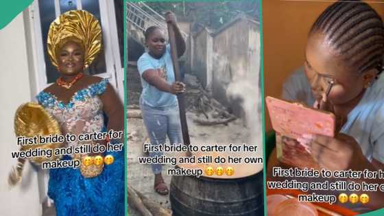 "Strong woman, not me sha": Nigerians react to video of bride cooking and doing her wedding makeup