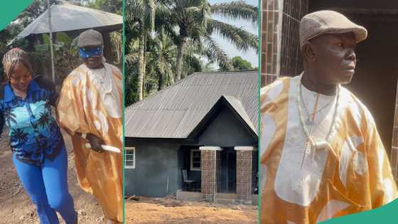 Lady blindfolds her father, leads him to beautiful house she built for him