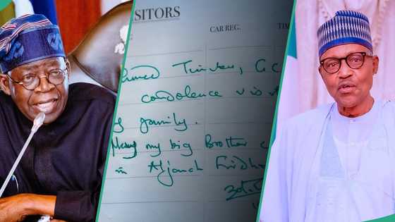 Photo shows what Tinubu wrote on visitors register during recent visit to Buhari’s family in Kaduna