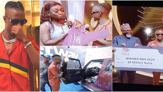 Breaking: BBNaija Laycon all smiles as he receives N32.5m cash gift, car, house key and other prizes (photos, videos)
