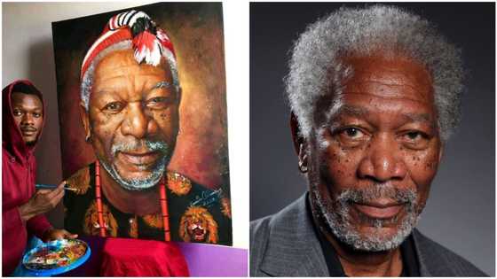 Nigerian man paints popular American actor Morgan Freeman, 'wears' him isi agu, photo stirs reactions