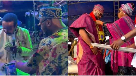 "What do you do for a living?" Olakunle Churchill spoils KSA with bundles of $5 notes, bags honorary award